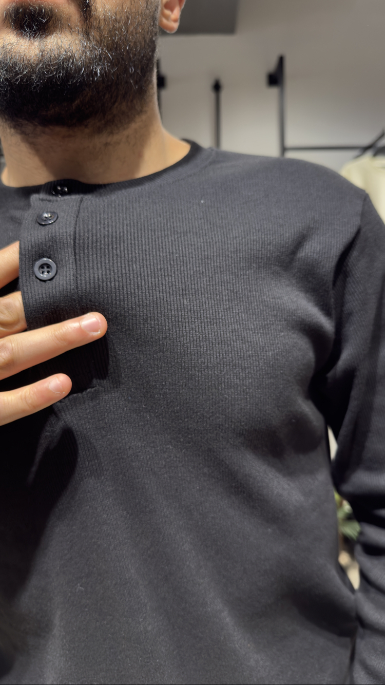 Regular Fitilli Henley Yaka Uzun Kollu Tişört Siyah