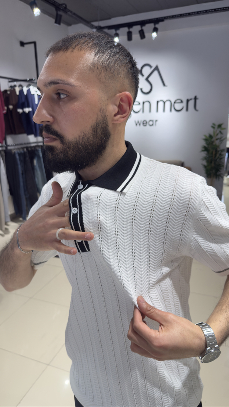 Regular Fit Polo Yaka Örgü Triko Tişört Beyaz (Premium) 