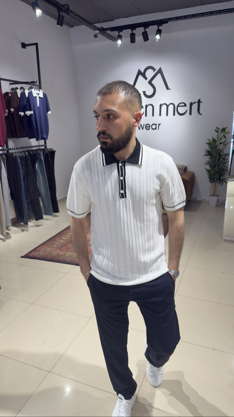 Regular Fit Polo Yaka Örgü Triko Tişört Beyaz (Premium) 