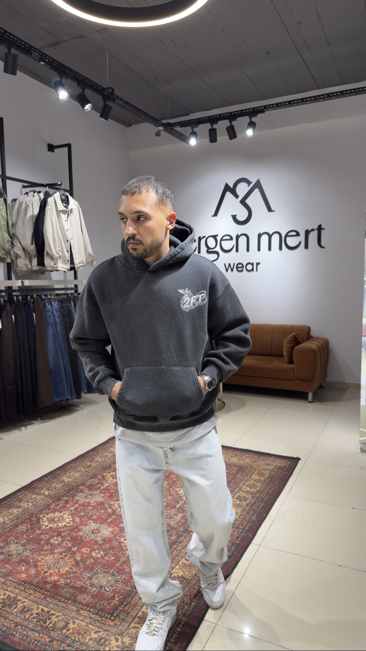 Oversize Yıkamalı Kumaş Baskılı Hoodie Koyu Gri