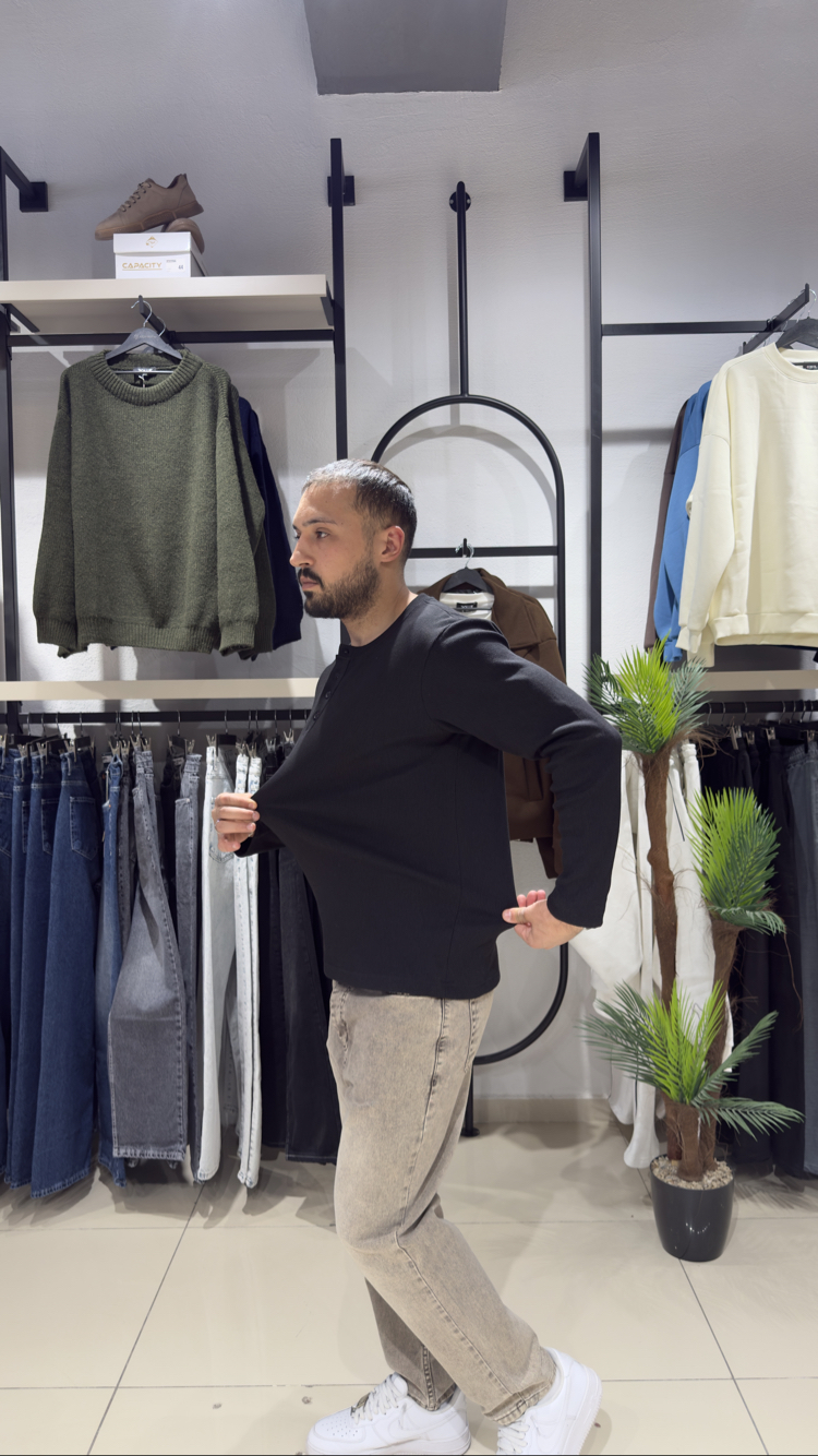 Regular Fitilli Henley Yaka Uzun Kollu Tişört Siyah