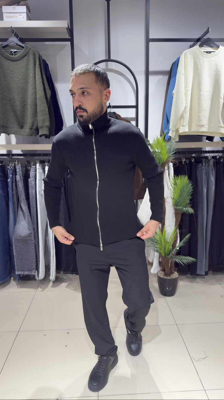 Regular Fit Çift Fermuar Triko Hırka Siyah