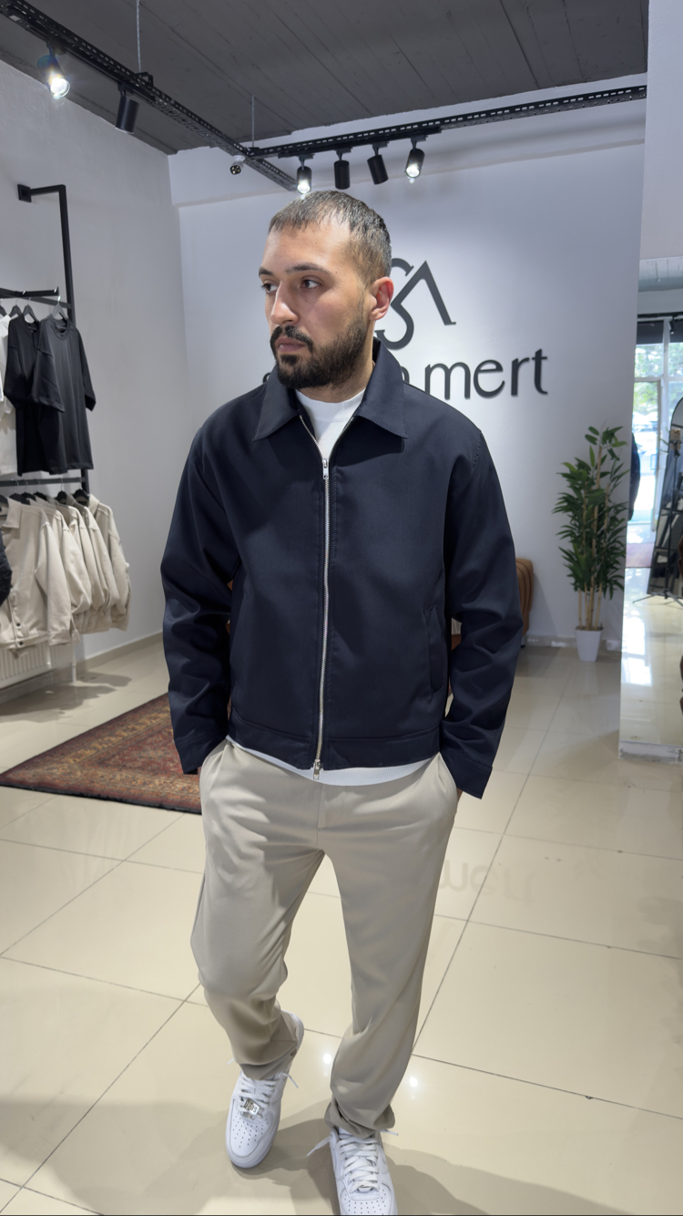 Crop Fit Çift Fermuarlı Mevsimlik Ceket Lacivert (Premium) 