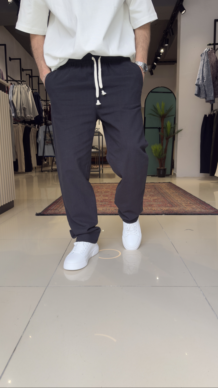 Baggy Keten Pantolon Siyah
