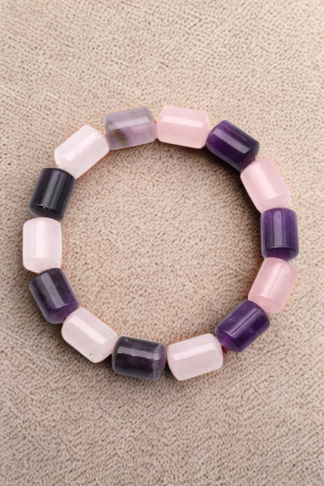 A Kalite Ametist ve Pembe Kuvars Doğal Taş Bileklik - 10 x 14 mm Silindir Kesim
