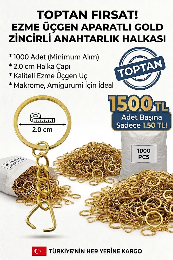 1000 Adet Ezme Üçgen Aparatlı Gold Renk Zincirli Anahtarlık Halkası (2 cm Çap)