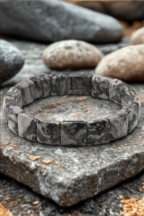Gri Jasper Doğal Taş Bileklik - 12x12 mm Özel Kare Kesim