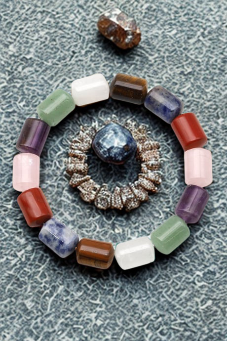 7 Çakra Doğal Taş Bileklik - 10x14 mm Özel Kesim Silindir