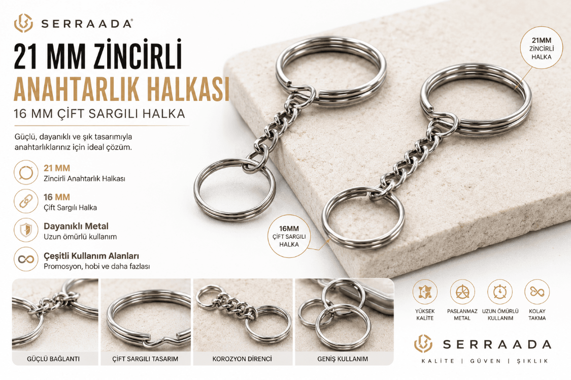 21 mm Zincirli Anahtarlık Halkası ve 16 mm Çift Sargılı Bağlantı Halkası – 1000 Adet