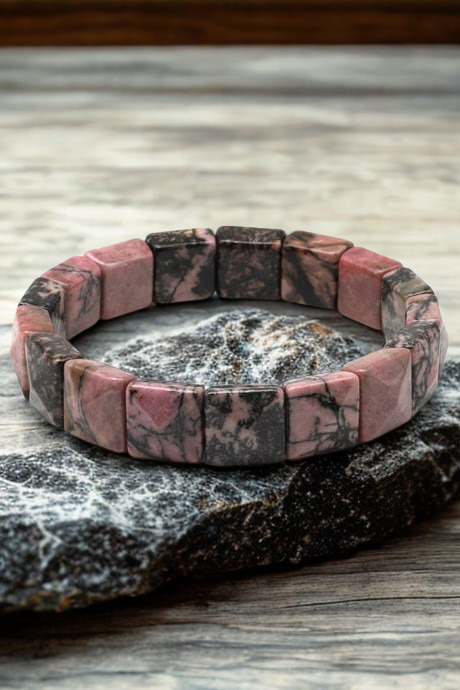 Rodonit Doğal Taş Bileklik - 12x12 mm Özel Kare Kesim
