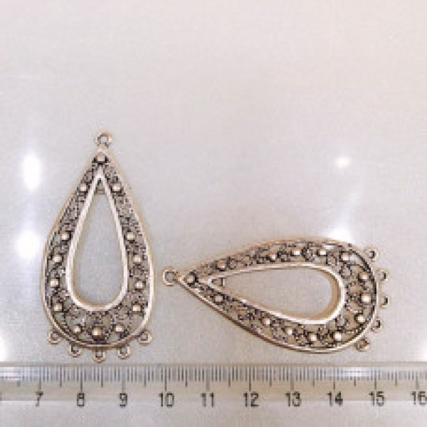 Antik Gümüş Kaplama Pirinç Büyük Boy Telkari Motifli Damla Kolye Aparatı - 45 mm