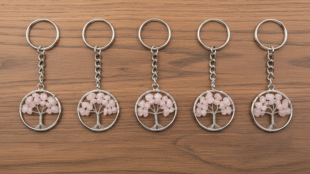 Pembe Kuvars Taşı Hayat Ağacı Anahtarlık