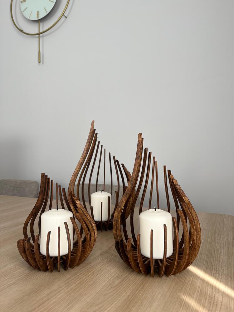 Huş Ağacı Lazer Kesim Ahşap Mumluk Seti – 3’lü Dekoratif Tealight Mumluk