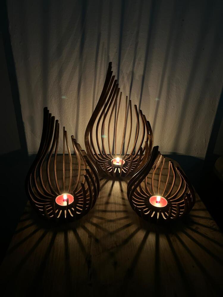 Huş Ağacı Lazer Kesim Ahşap Mumluk Seti – 3’lü Dekoratif Tealight Mumluk
