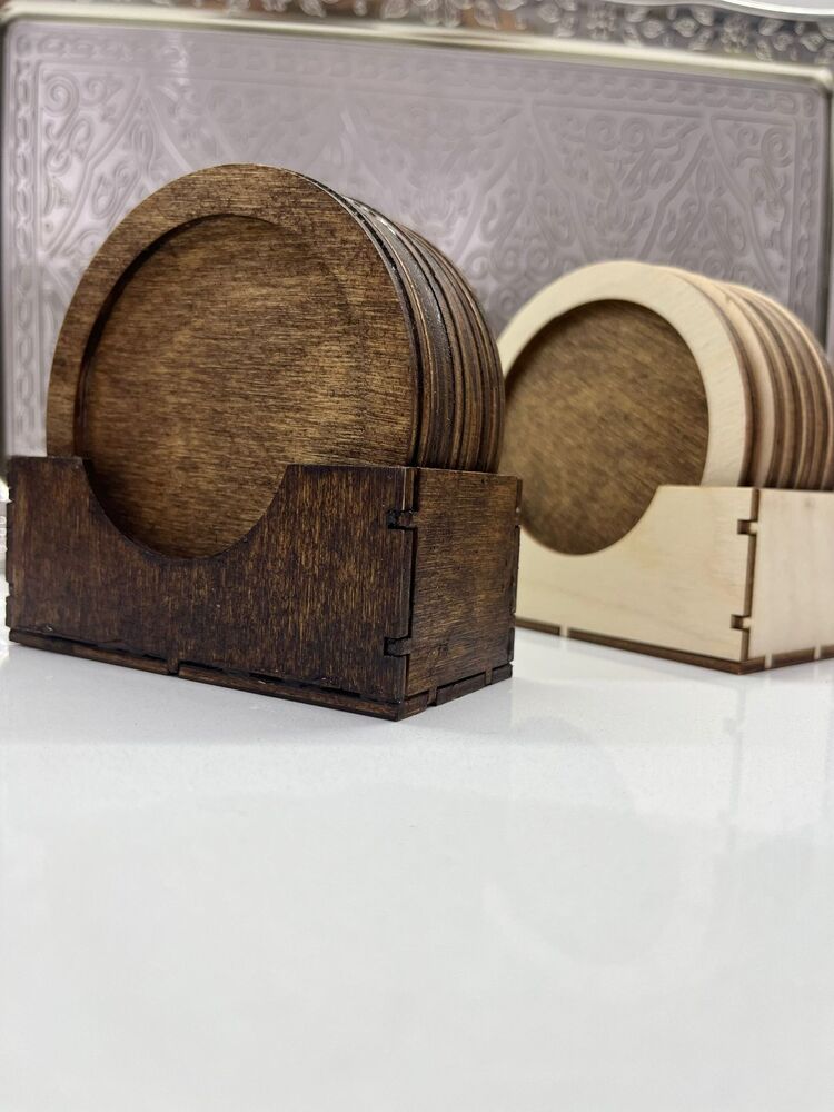 El Yapımı Huş Ağacı Ahşap Bardak Altlığı Seti | 6’lı + Stand | 10 cm | Doğal & Şık