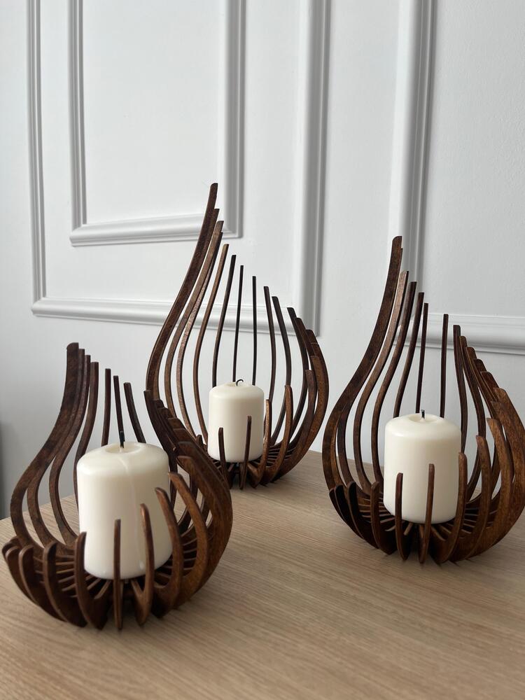 Huş Ağacı Lazer Kesim Ahşap Mumluk Seti – 3’lü Dekoratif Tealight Mumluk