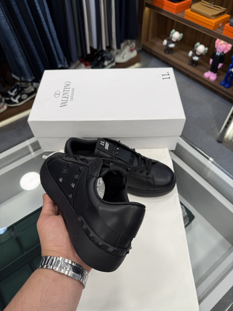 Valentino Garavani Open Sneaker in Black Leather with Rockstud