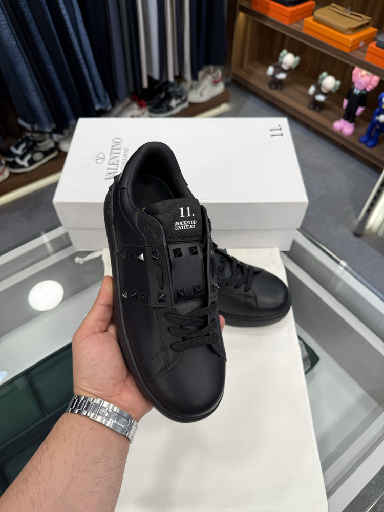 Valentino Garavani Open Sneaker in Black Leather with Rockstud
