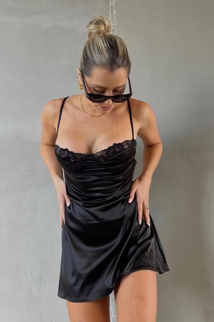 Sesi Lingerie Noir Saten Gecelik