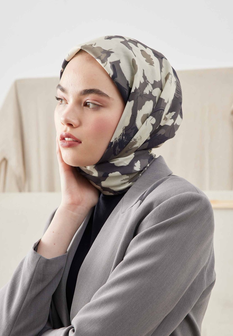 Fresh Scarfs - Multi Flower Desen Pamuk İpek Eşarp - Vizon