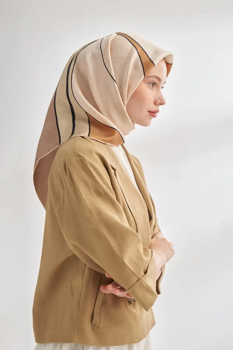 ARMANDA - 4355 İnaya Desen Twill İpek Eşarp - Vizon Kamel