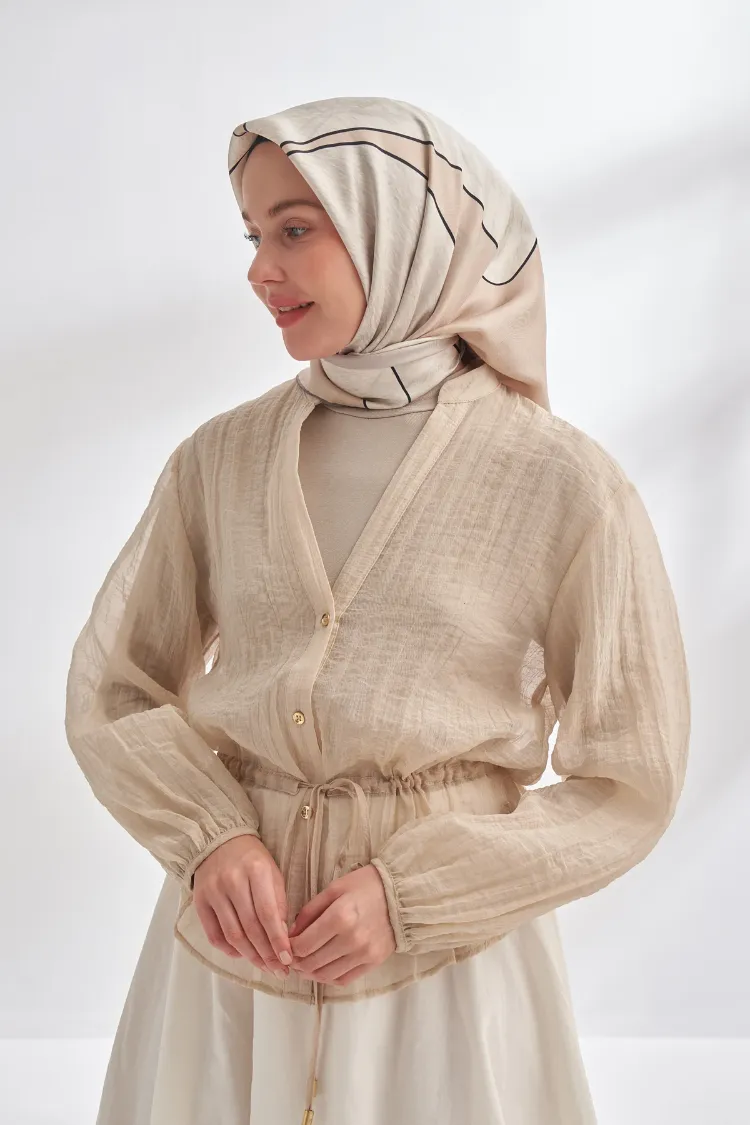ARMANDA - 4355 İnaya Desen Twill İpek Eşarp - Bej-Vizon