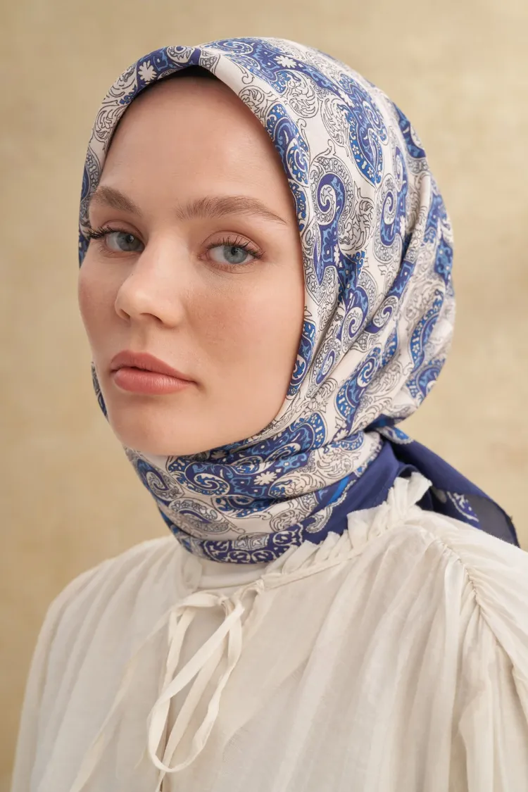 ARMANDA - 3151 Gaina Desen Eşarp - Lacivert Krem