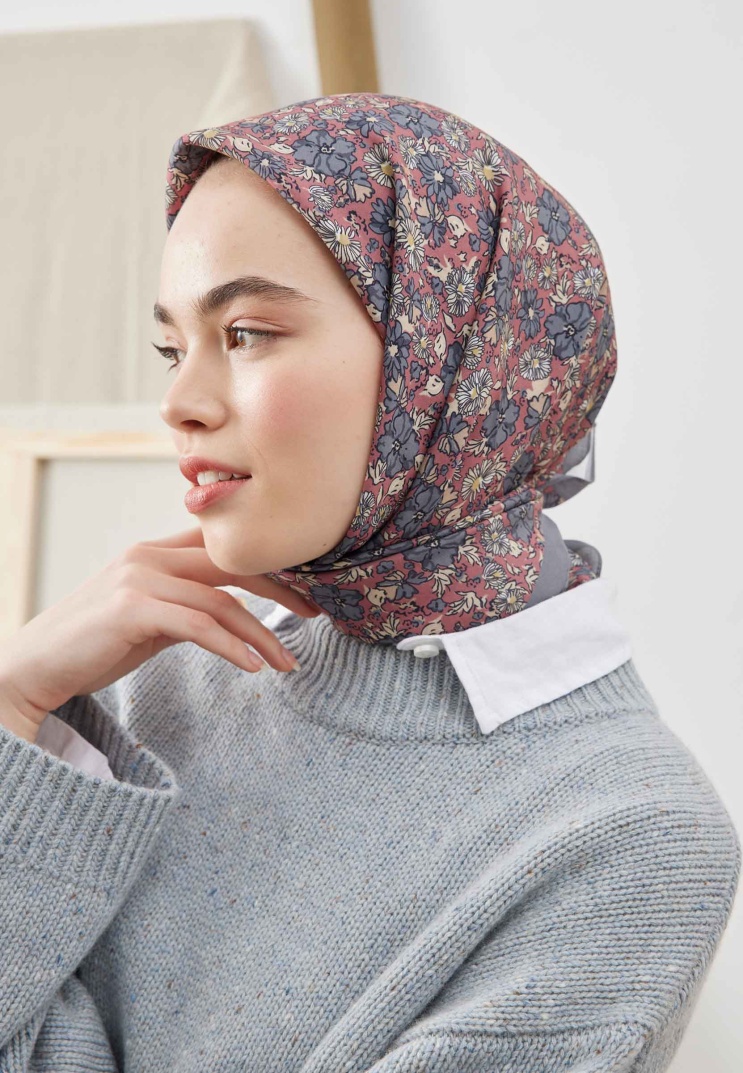 FRESH SCARFS - Blooming Garden Desen Pamuk İpek Eşarp - Gül Kurusu