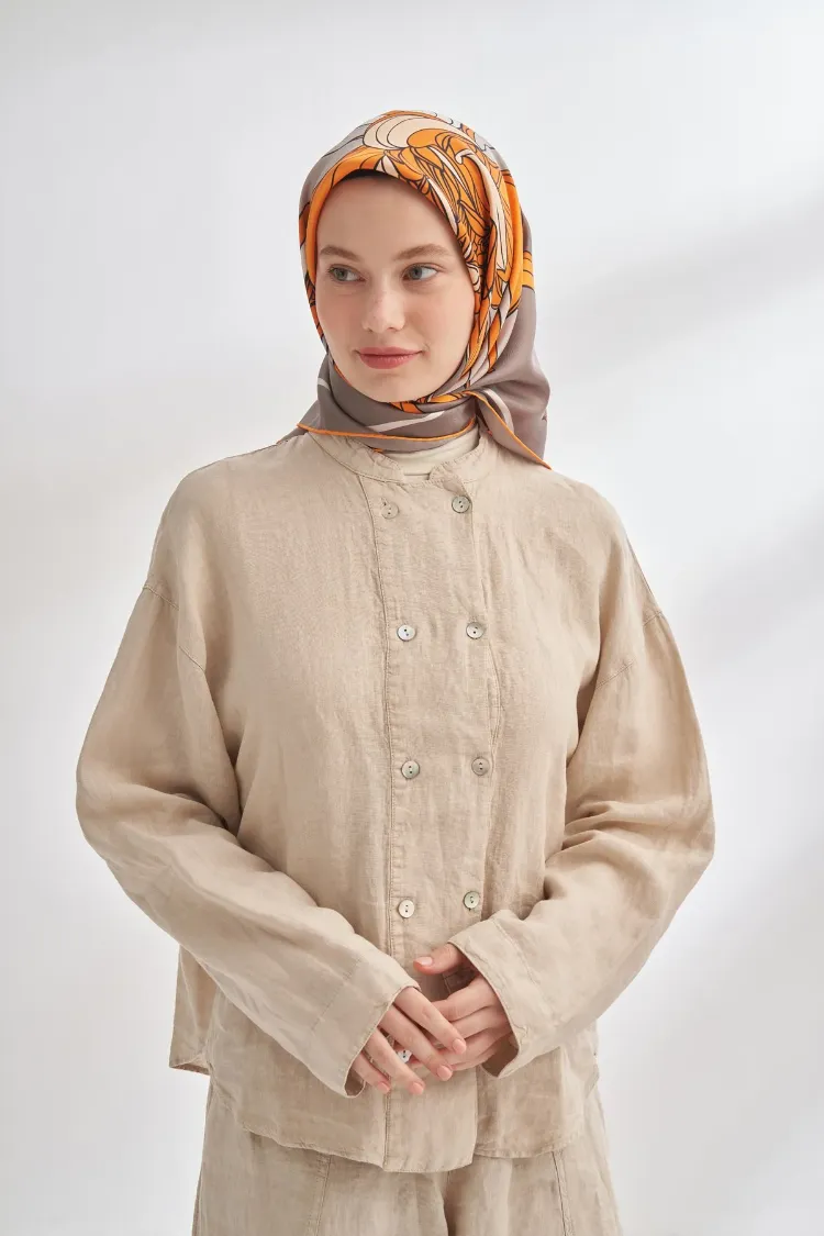 ARMANDA - 4356 Ivory Desen Twill İpek Eşarp - Vizon Orange