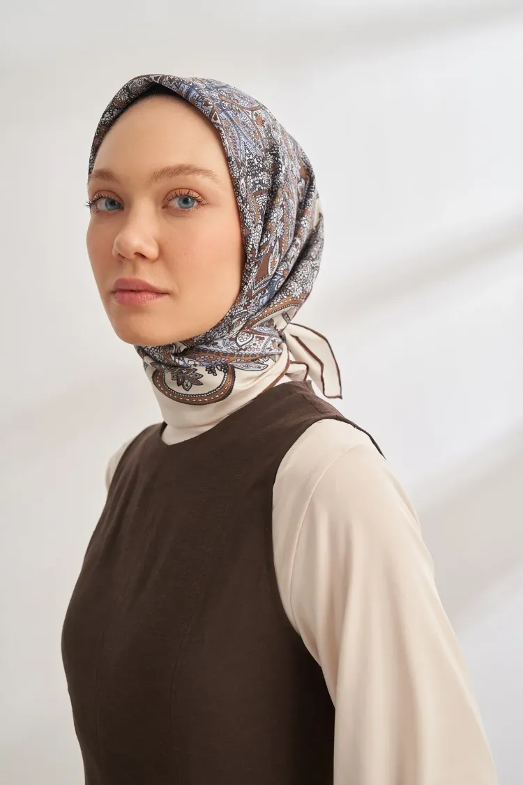ARMANDA - 4352 Anesha Desen Twıll İpek Eşarp - Kahve