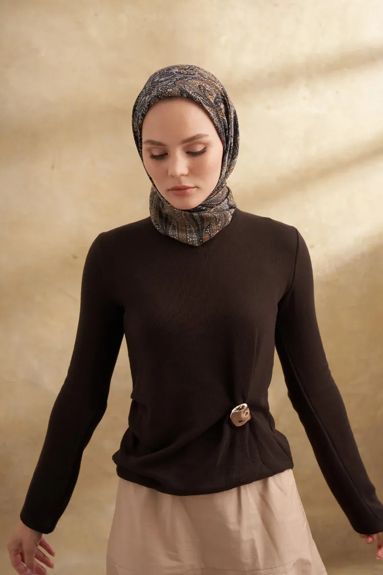 ARMANDA - 3155 Vintage Desen Eşarp - Acı Kahve