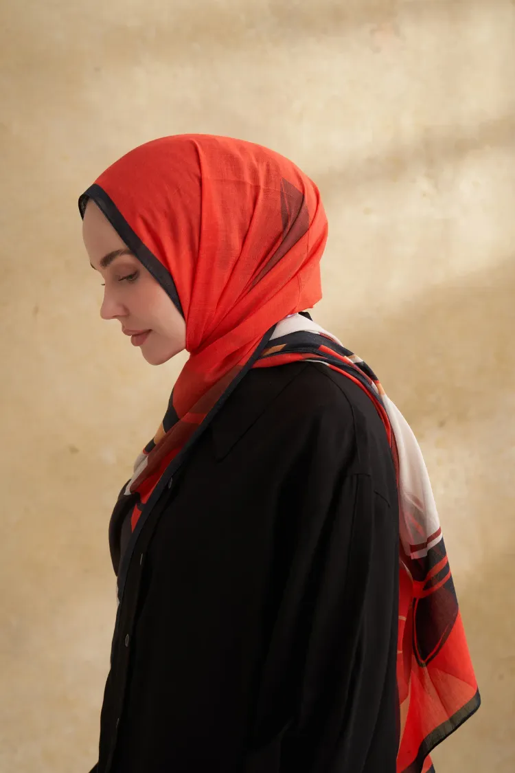 ARMANDA- 3383 İpek Pamuk Sarah Desen Şal - Siyah Kırmızı