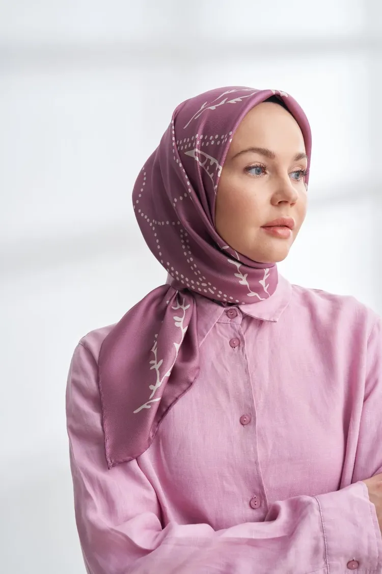 ARMANDA - 4313 Çift Taraflı Muse Desen Twıll İpek Eşarp - Gül Kurusu-Pudra