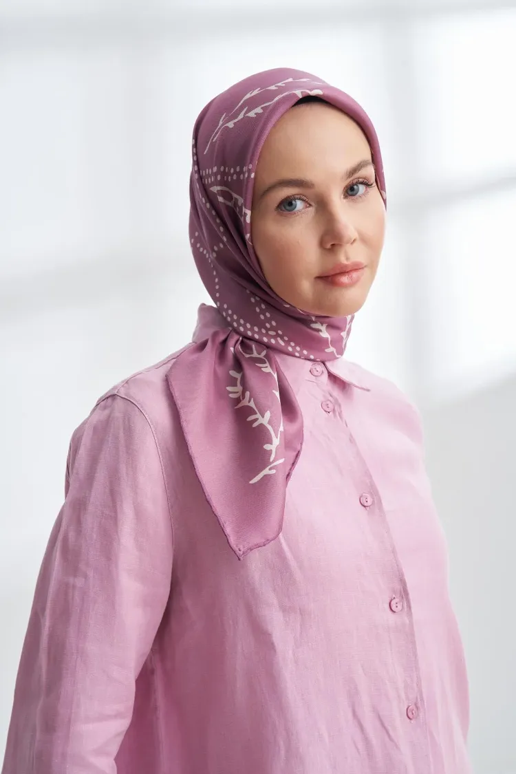 ARMANDA - 4313 Çift Taraflı Muse Desen Twıll İpek Eşarp - Gül Kurusu-Pudra