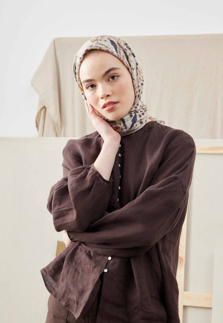 FRESH SCARFS - Tiny Garden Desen Pamuk İpek Eşarp - Bej