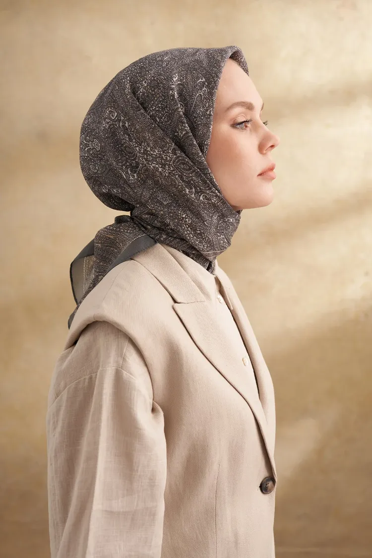 ARMANDA - 3155 Vintage Desen Eşarp - Gri