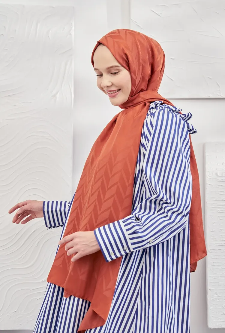 ARMANDA - İtalyan Jakar Zigzag Desen Şal - Turuncu