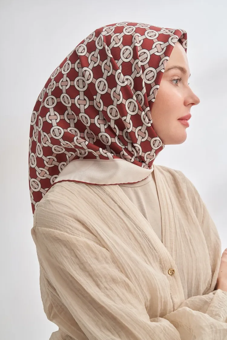 ARMANDA - 4350  Soil Desen Twill İpek Eşarp - Bordo