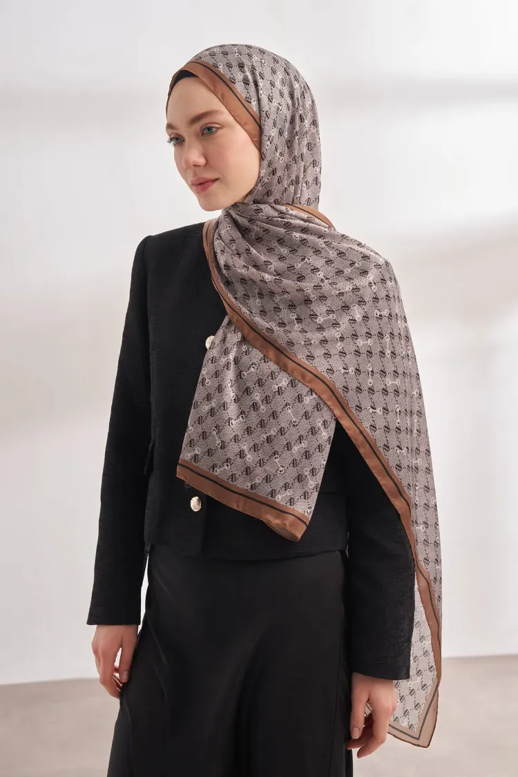 ARMANDA - 3361 Monogram Desen Şal - Gri - Sütlü Kahve