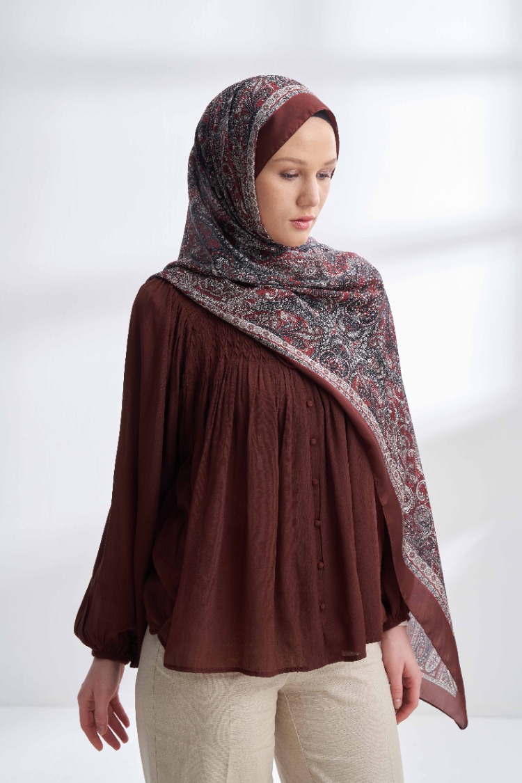 ARMANDA - 6036 Etnik Desen Şal - Burgundy