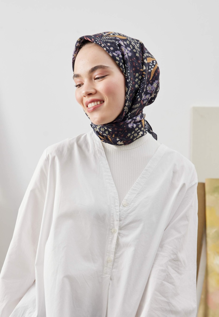 FRESH SCARFS - Tiny Garden Desen Pamuk İpek Eşarp - Siyah