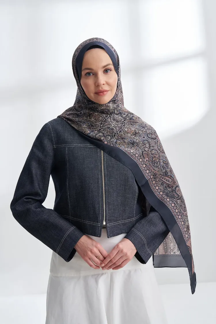 ARMANDA -6036 Etnik Desen Şal - Lacivert Pudra