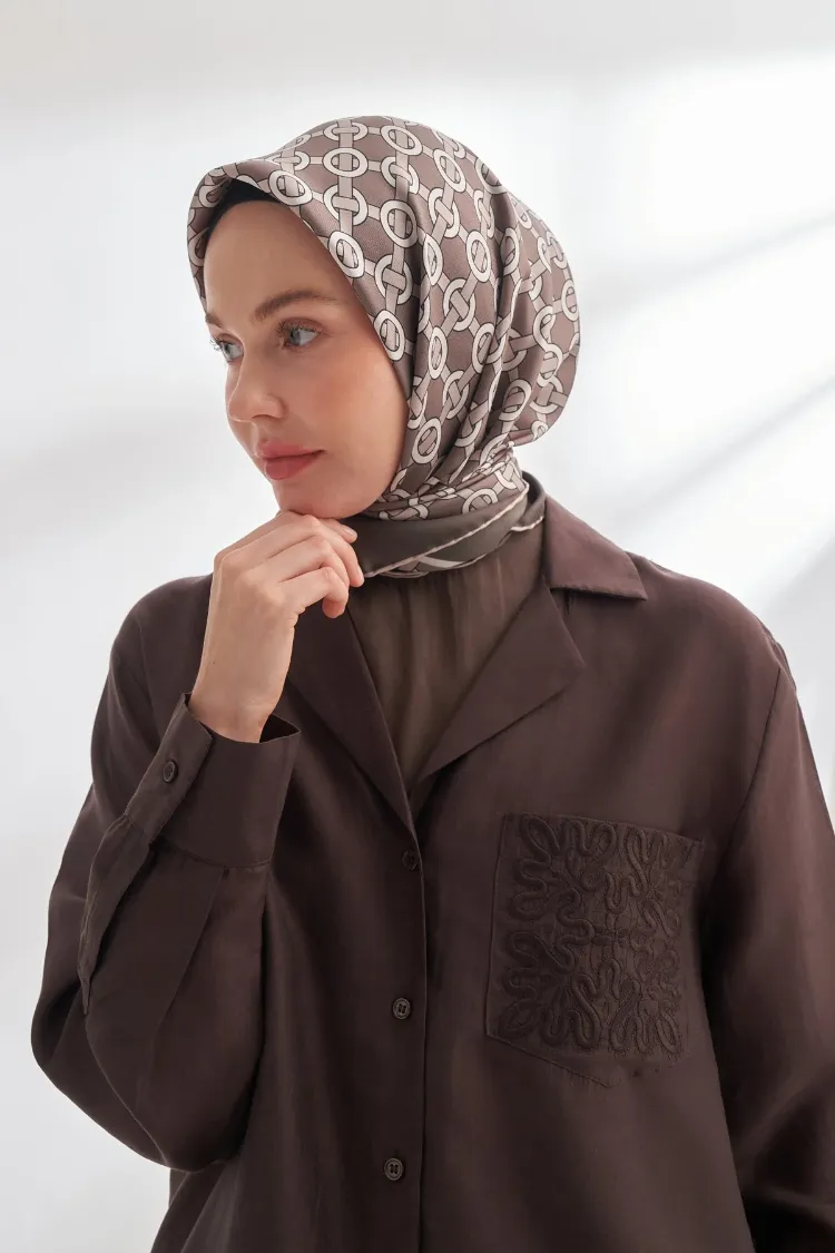 ARMANDA - 4350 Soil Desen Twill İpek Eşarp - Füme