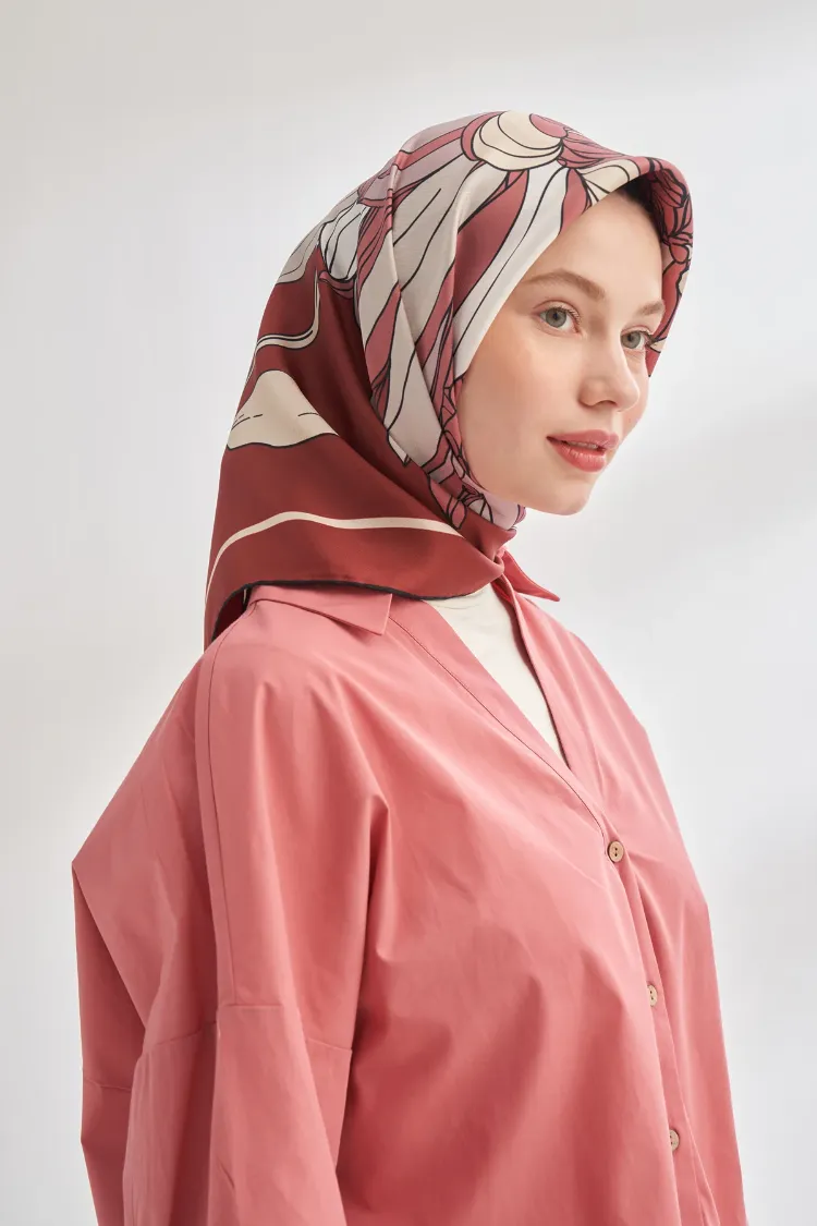 ARMANDA - 4356 Ivory Desen Twill İpek Eşarp - Bordo