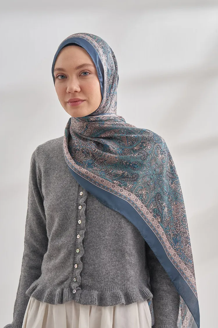 ARMANDA - 6036 Etnik Desen Şal - Lacivert Turkuaz