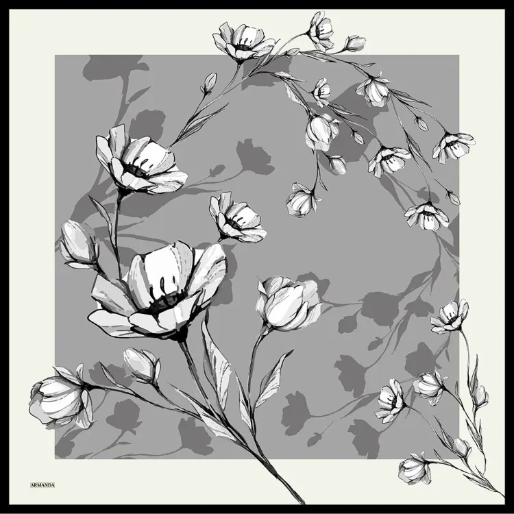 ARMANDA - 4333 Plumeria Desen Twill İpek Eşarp - Gri