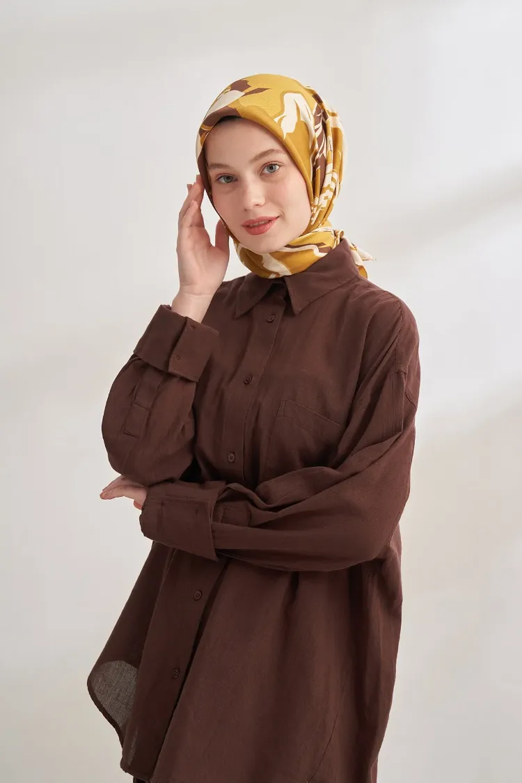 ARMANDA - 4351 Dahlia Desen Twill İpek Eşarp - Yağ Yeşili