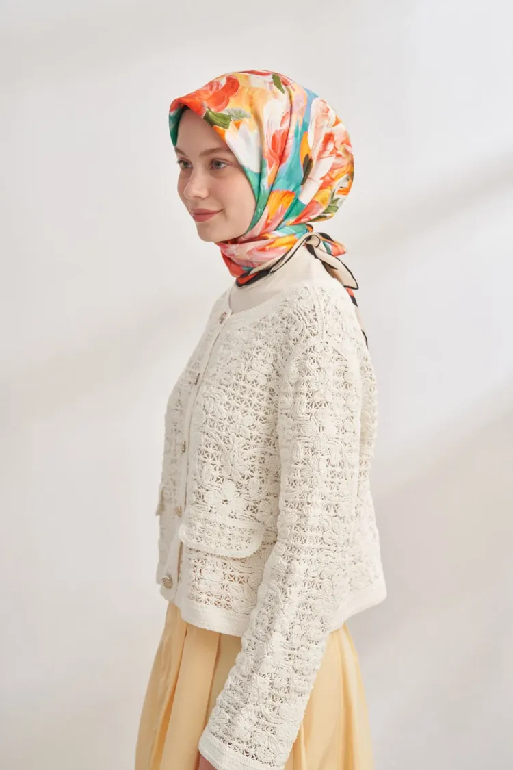 ARMANDA - 4359 Abstract Bloom Desen Twill İpek Eşarp - Pembe