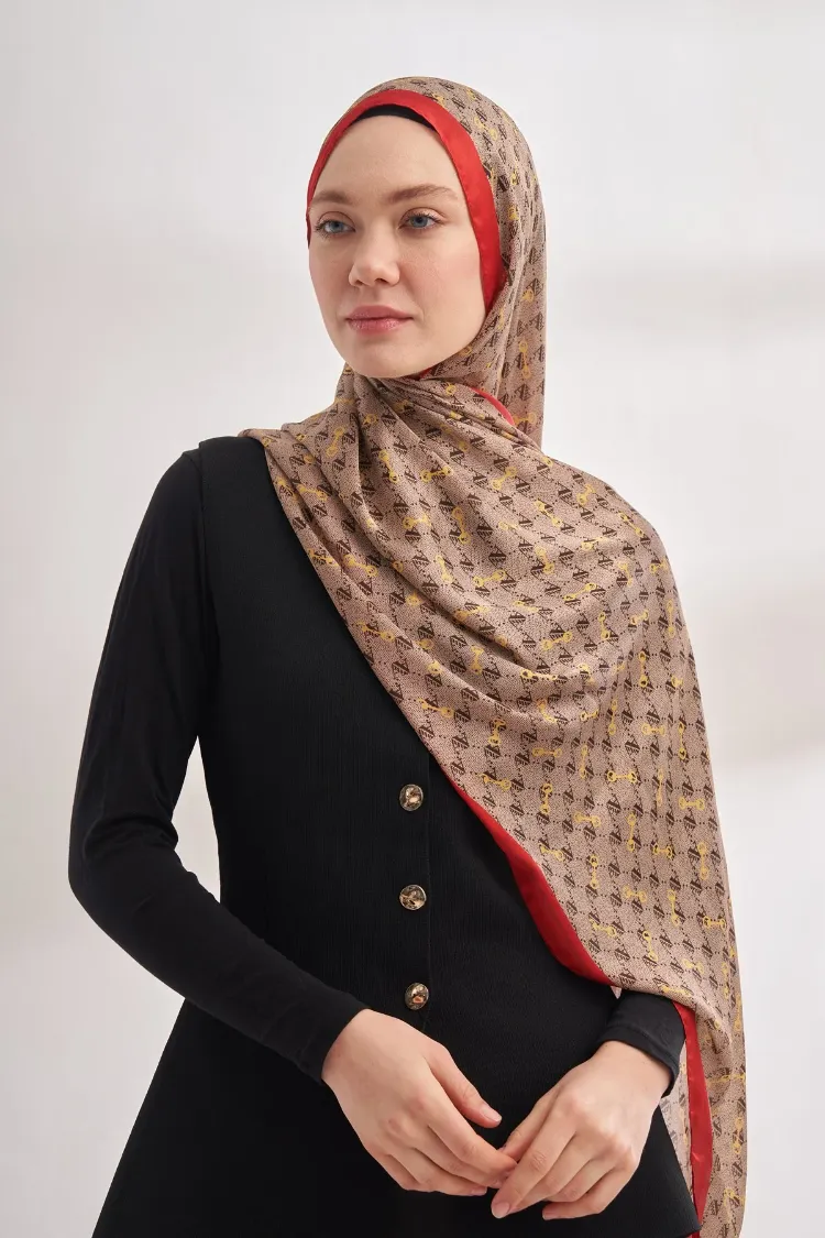 ARMANDA - 3361 Monogram Desen Şal - Bej - Kırmızı