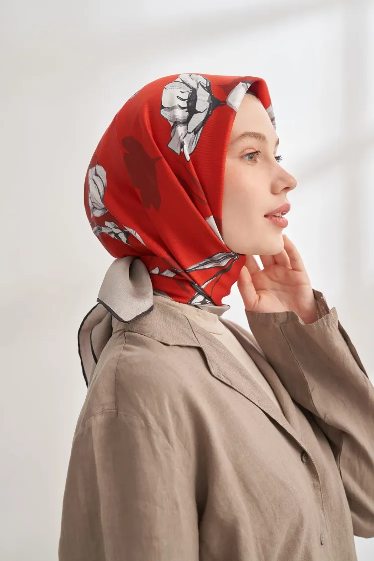 ARMANDA - 4333 Plumeria Desen Twill İpek Eşarp - Kırmızı